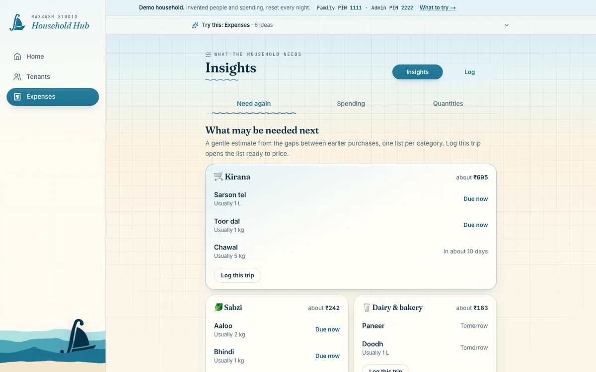 Household Hub public demo in light theme: expense Insights with upcoming household needs.