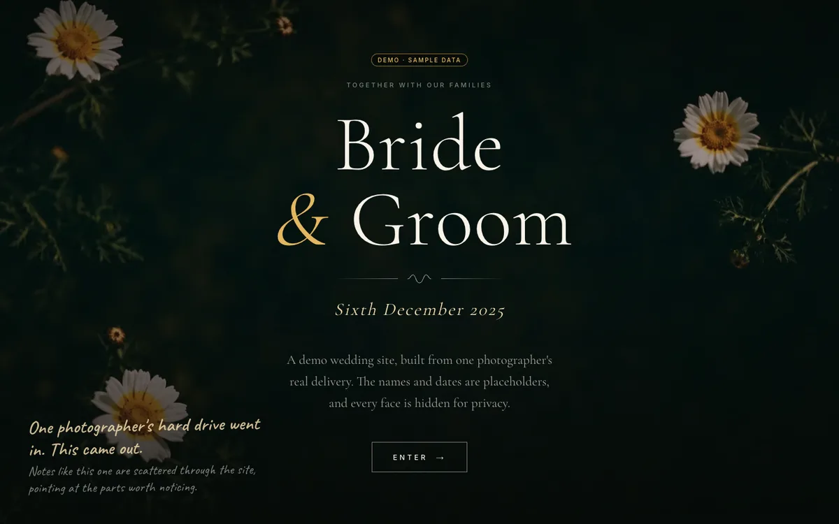 Wedding platform demo cover with a floral background and placeholder Bride and Groom names.